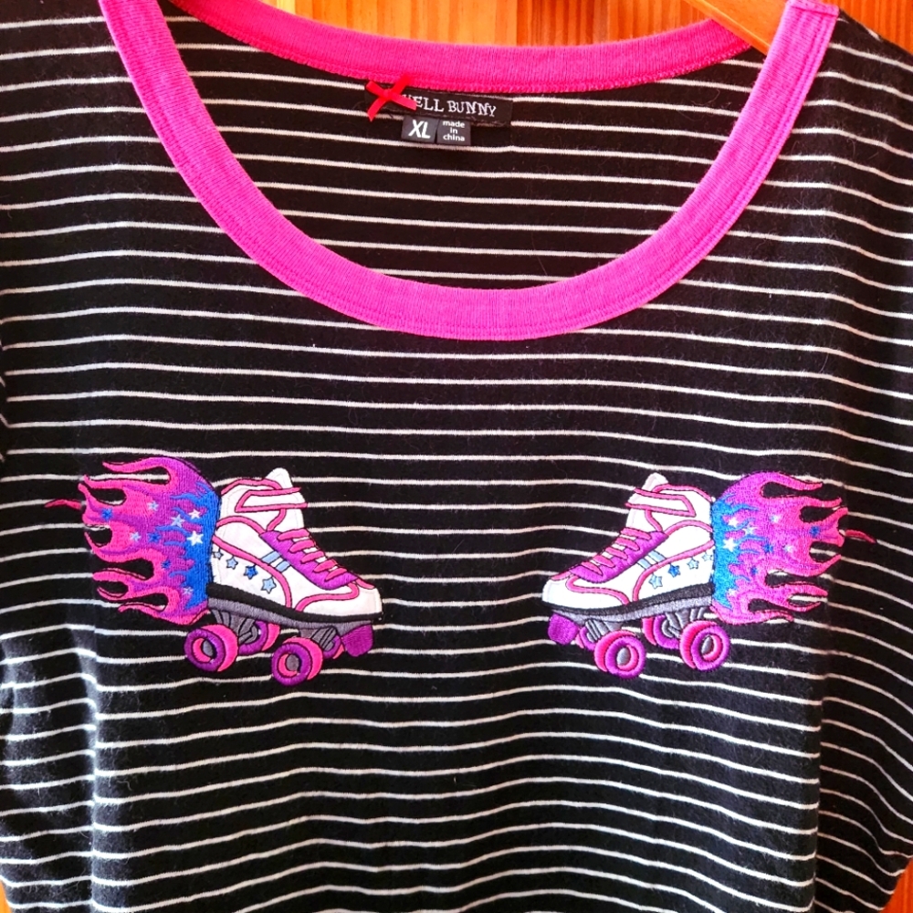 Hell Bunny Black & Pink Striped Roller Skate Graphic Tee